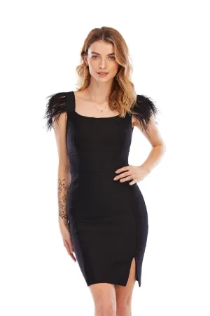 Winnal Women's One-step Dress Side Split ,Long With Fur Shoulder Retro Black A-Line Fur Dress