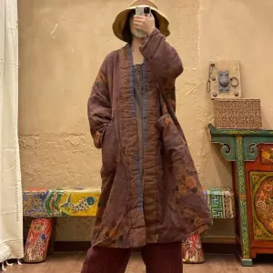 Winter Linen Padded Coat for Women in Orange Linen Print