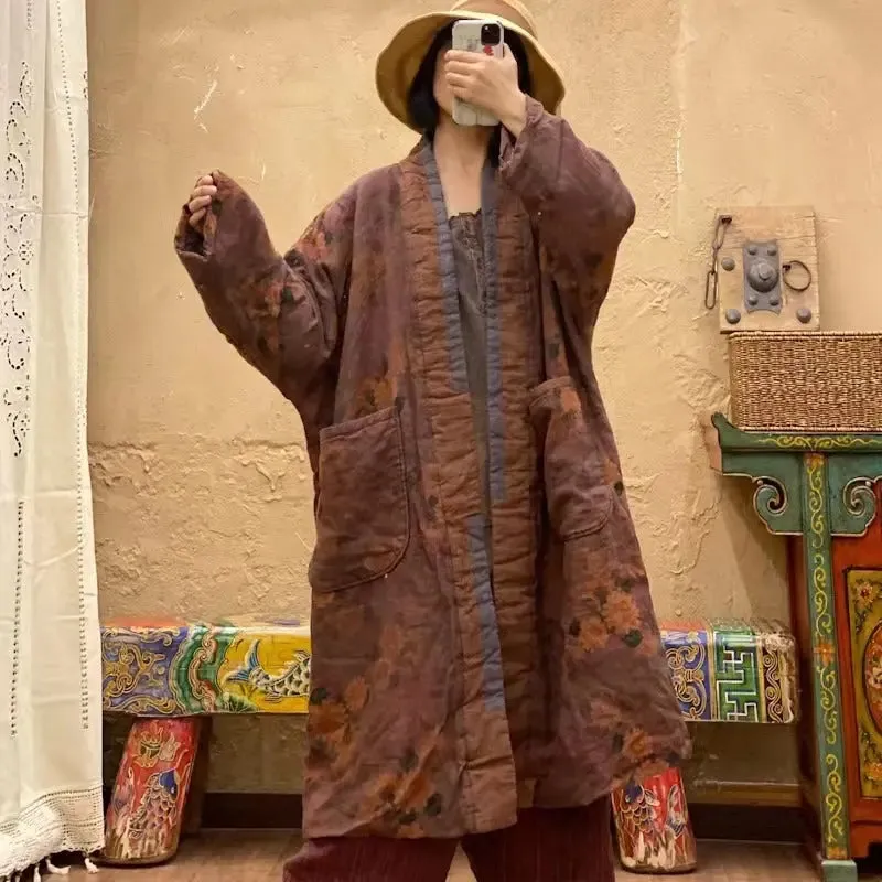Winter Linen Padded Coat for Women in Orange Linen Print