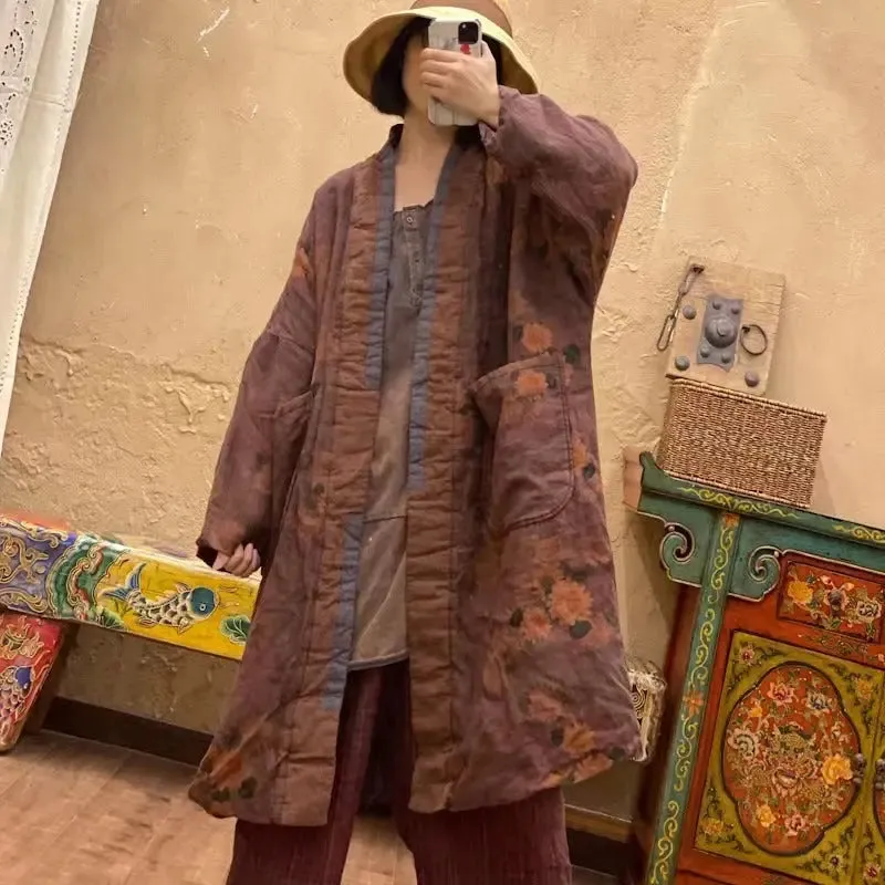 Winter Linen Padded Coat for Women in Orange Linen Print
