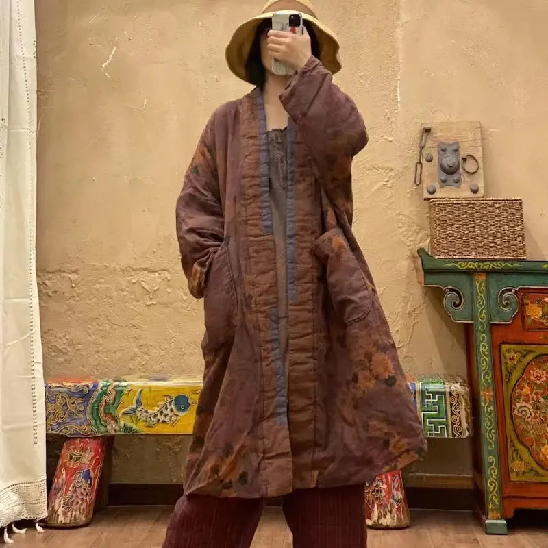 Winter Linen Padded Coat for Women in Orange Linen Print