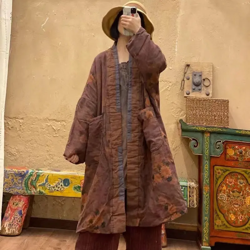 Winter Linen Padded Coat for Women in Orange Linen Print