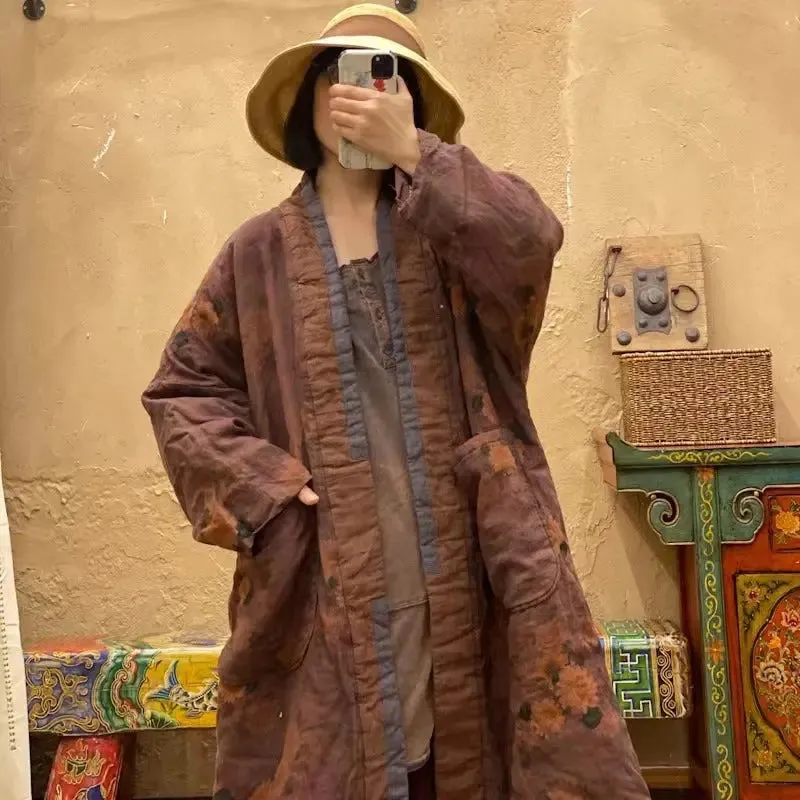 Winter Linen Padded Coat for Women in Orange Linen Print