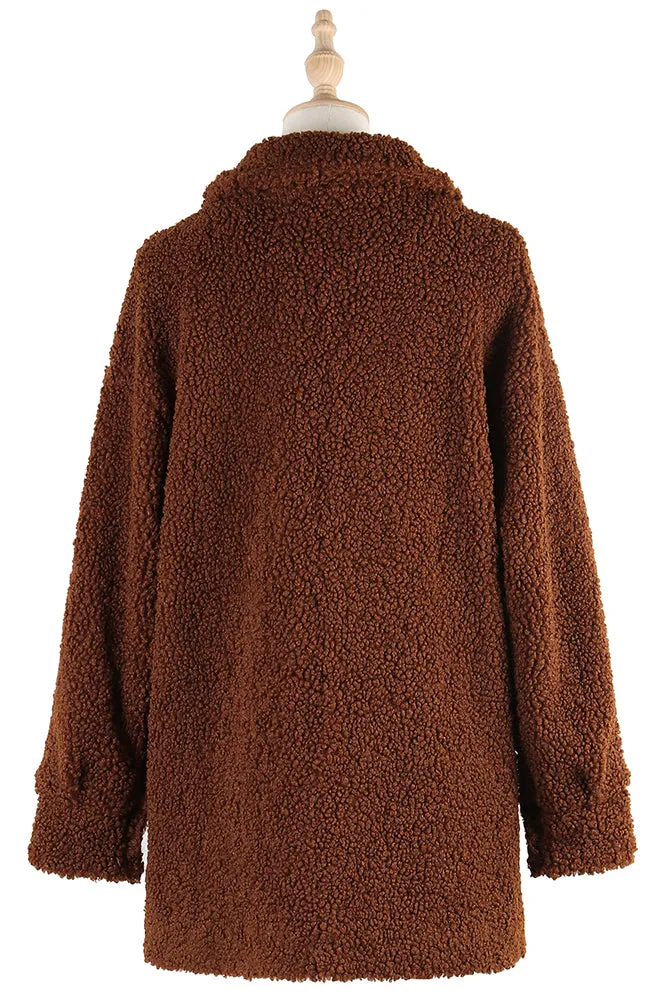 Winter Outfits Brown Button Up Fleece Coat with Pockets