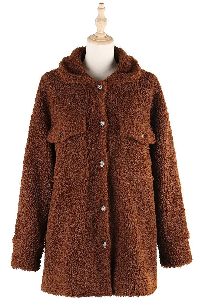 Winter Outfits Brown Button Up Fleece Coat with Pockets
