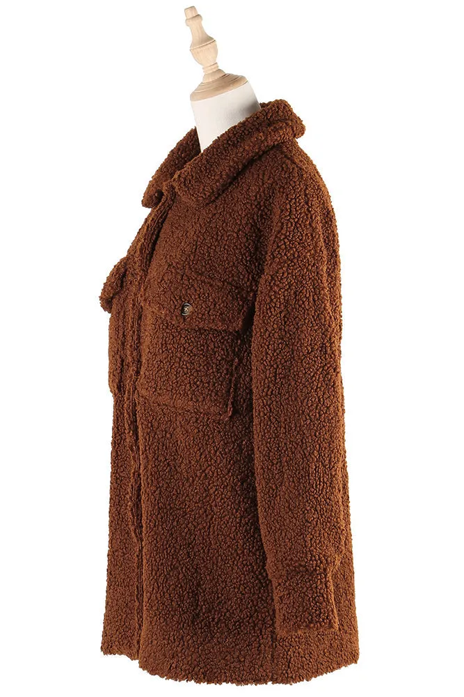 Winter Outfits Brown Button Up Fleece Coat with Pockets