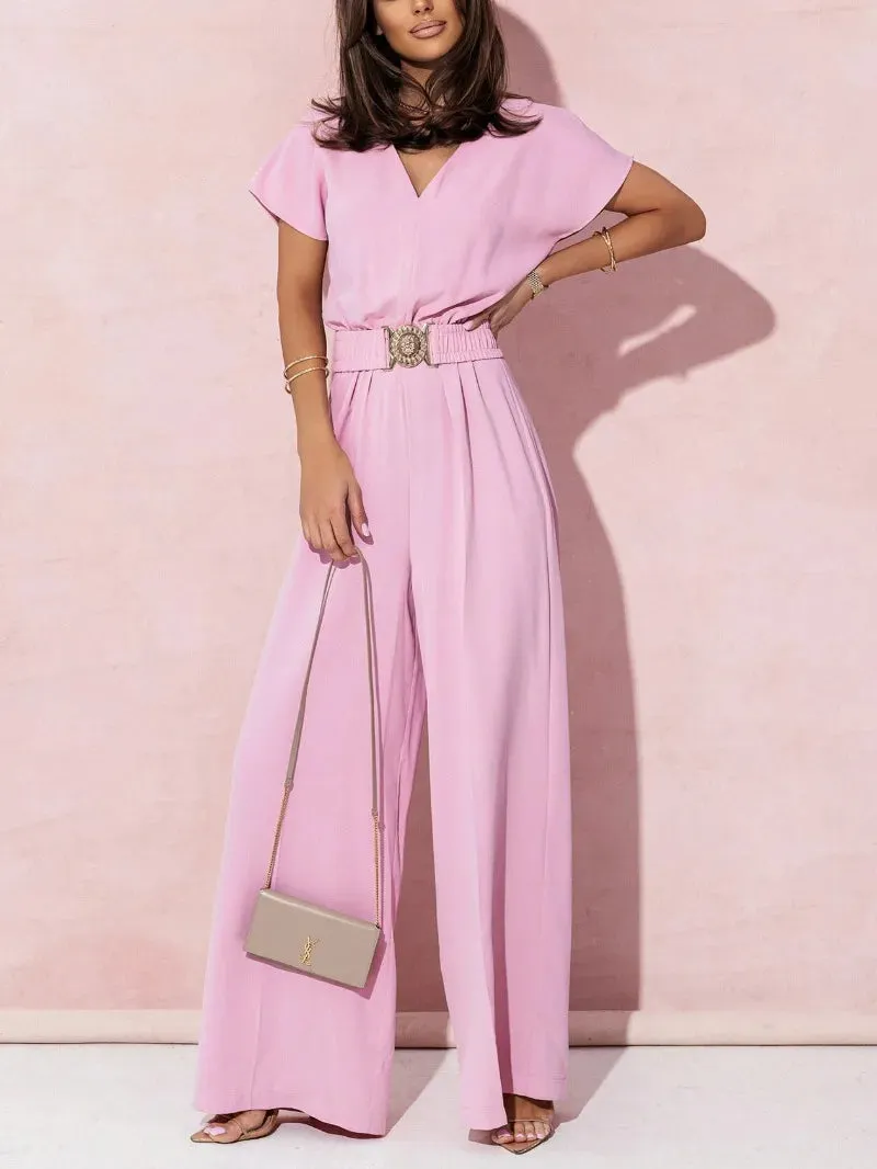 Women's Fashion V-neck Short Sleeve Jumpsuit Spring/Summer Women's Casual Belt Solid Color Jumpsuit