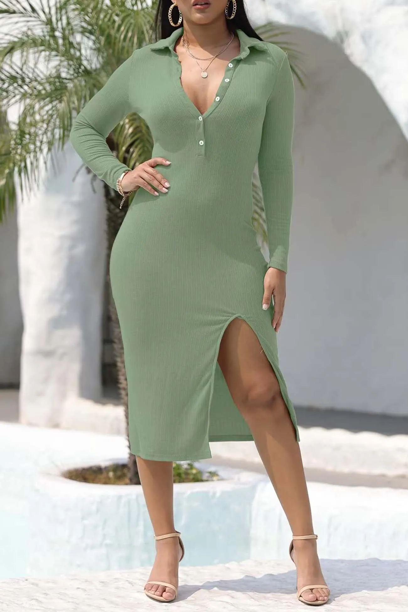 Womens Ribbed Back Tie High Split Midi Dress