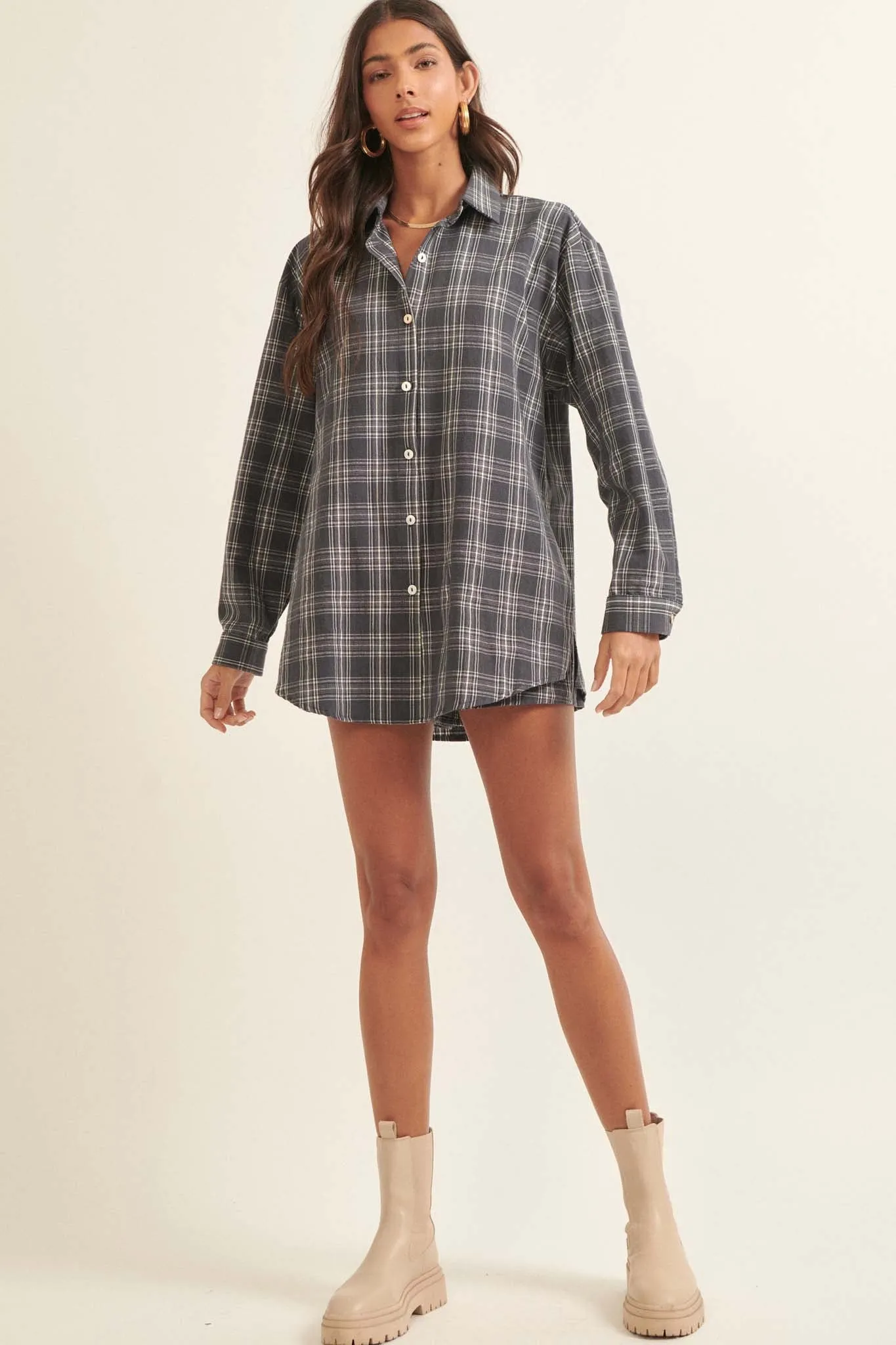 Work From Home Plaid Button-Up Shirt Romper
