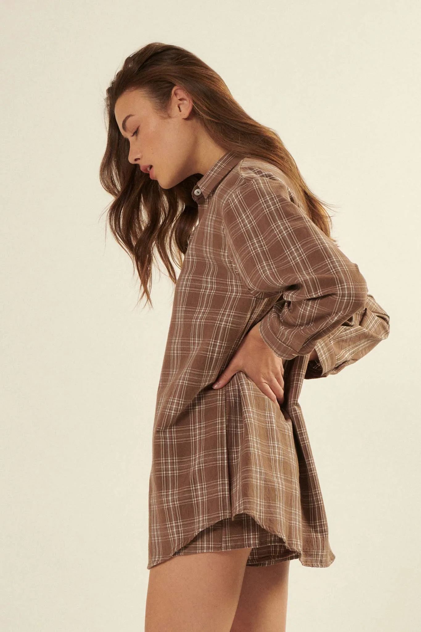 Work From Home Plaid Button-Up Shirt Romper